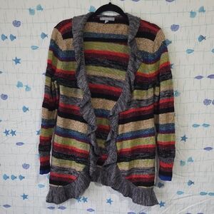 NY Collection Multicolor Striped Ruffle Cardigan